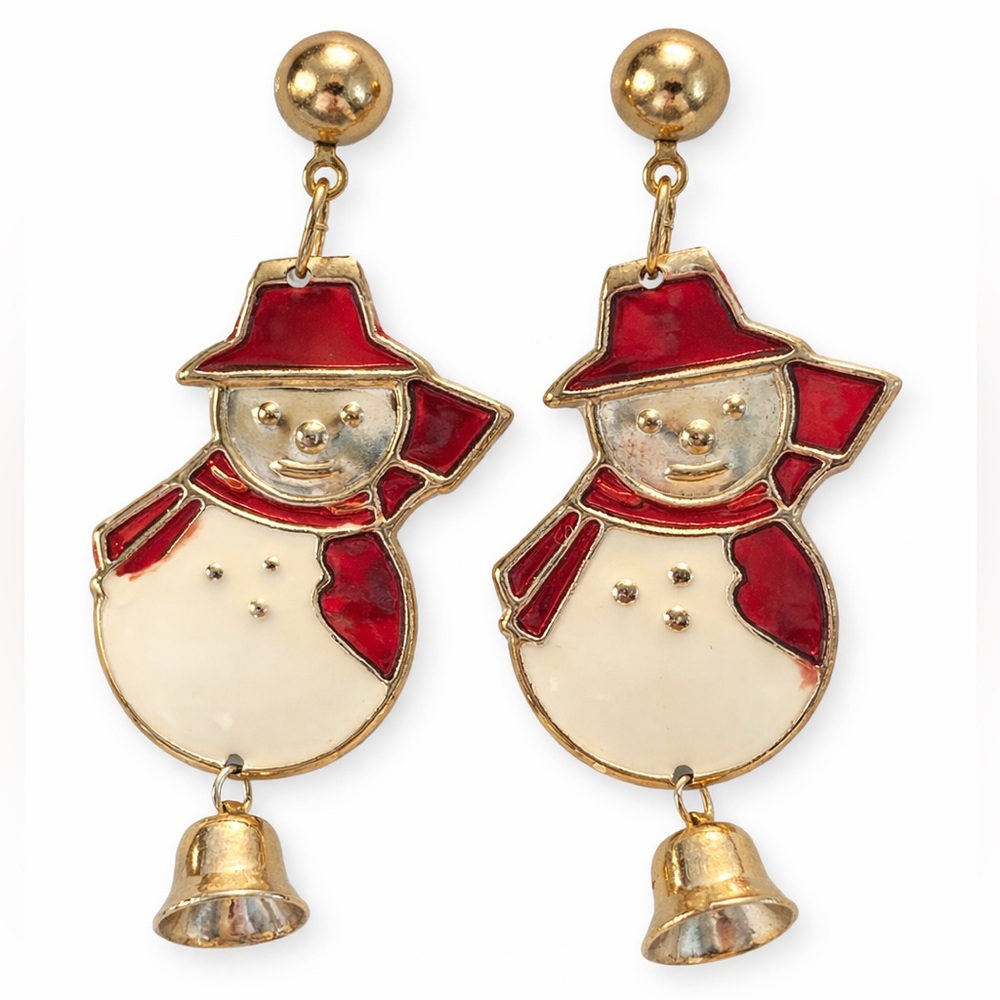 Festive Snowman Dangle Earrings - Red & Ivory Enamel